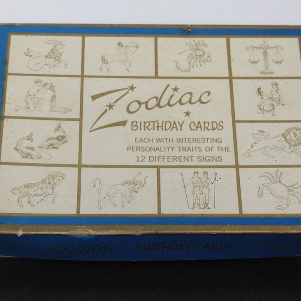 Vintage Zodiac Birthday Cards. Set Of 12 Paper Cards With Envelopes, In Original Box, Blue With Gold Accents, Astrological, Birth Star Sign.