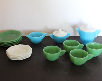 Vintage Akro Agate Childs Tea Set. CHOOSE Item, Cup, Saucer, Teapot, Sugar, Creamer, Plate, Green, White, Blue, Grandmacore Doll House Decor