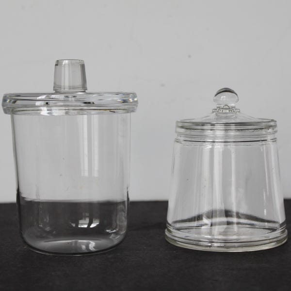Vintage Small Apothecary Jars. Set Of 2, Mismatched, Flea Bites, Minimalist Vanity Decor, Storage, Housewarming, Hostess, Grandmacore Mantel