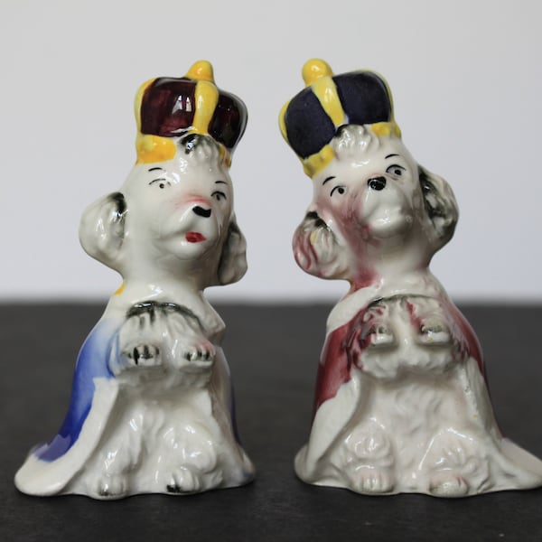 Vintage Royal Poodle Salt & Pepper Shakers. Ceramic Pair, Blue And Purple, White Poodle Dogs Wearing Regal Cape And Crown Bougie Grandmacore