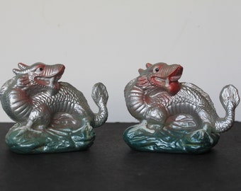 Plastic Blow Mold Dragons For Vintage Oriental Mantel Decor. Iridescent Asian Dragons, Unique, HTF, Mythical, Grandmacore Decor, Host Gift.