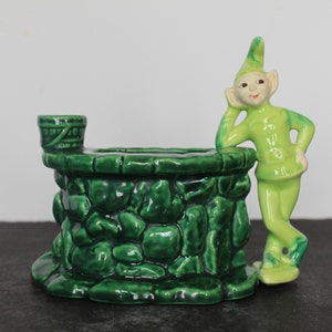 Woodland Imp Planter For Vintage Wall Hanging Decor. Cute Green Pixie Standing Next To Well, Green Ceramic Succulent Planter, Host, Gardener