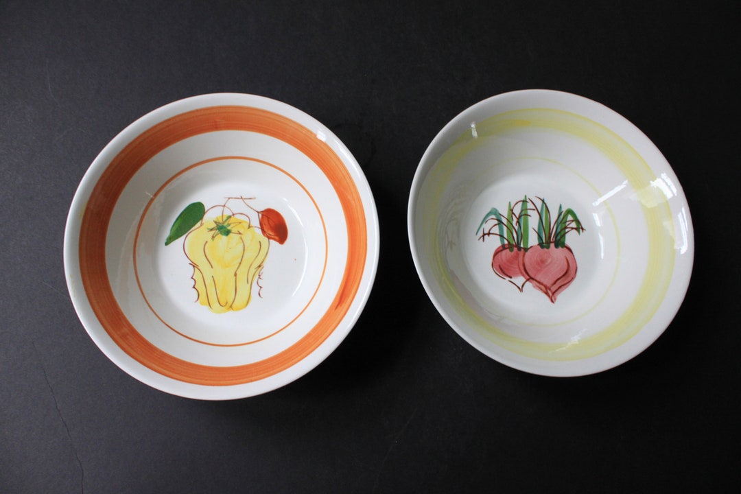 Rustic Vegetable Bowls for Vintage Kitchen Ware. Red Radish and Yellow