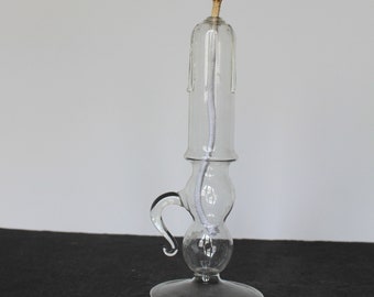 Vintage Glass Candle Oil Lamp. Clear Glass, Delicate Grandmacore Decor, Minimalist Mantel, Unique Housewarming, Hostess Gift, Handle, Base.