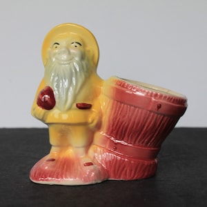 Vintage Gnome Planter. Small Succulent Planter, Ceramic, Cute Pixie In Yellow Outfit, Holding Egg, Easter Entryway Decor, Housewarming, Host