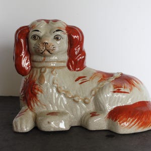 Vintage King Charles Spaniel Dog Figurine. Staffordshire, Dog With Chain, Brown and White, Unique, Rare, HTF, Gift For A Collector, Dog Love