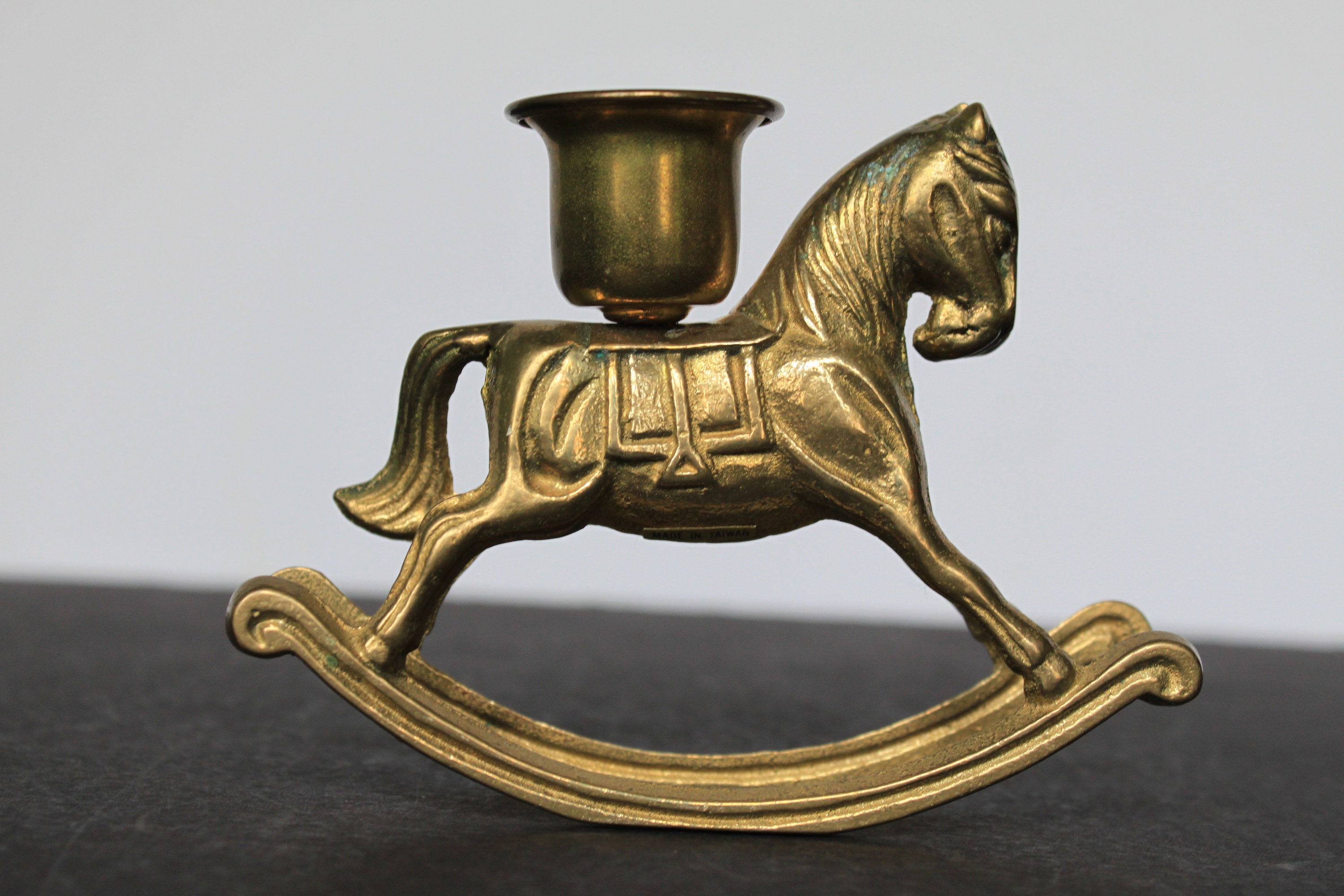 Vintage Brass Rocking Horse Candlestick Holder. Cute Little Rocking Horse, Engraved Designs, Christmas Mantel, Housewarming, Hostess Gift.