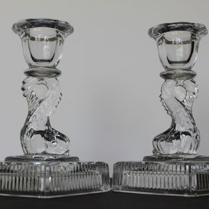 Vintage Koi Fish Candlestick Holders. Dolphin Fish, Bougie, Unique, Clear Glass Fish, Square Base. Eclectic Gift For Collector, Grandmacore.