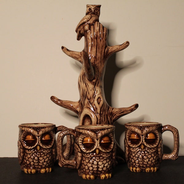 Vintage Owl Mug Set. Three Mugs W/ Tree Hanging Rack, Hobbyist Piece, Wise Old Owl, Cottagecore Kitchen Ware, Grandmacore Housewarming, Host