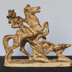 Artemis Goddess Of The Hunt Plaster Figurine For Vintage Grecian Mantel Decor. Rare, HTF, Artemis On Horse Back With Hunting Dogs, DAMAGE.