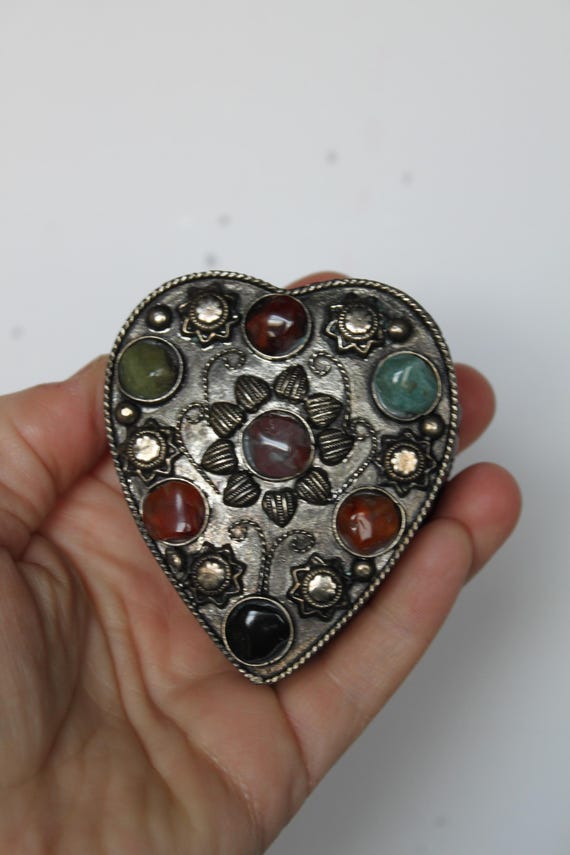Vintage Heart Shaped Trinket Box. Silver Tone Metal, Semi Precious Gems, Exotic Vanity Decor, Grandmacore Housewarming Hostess Gift.