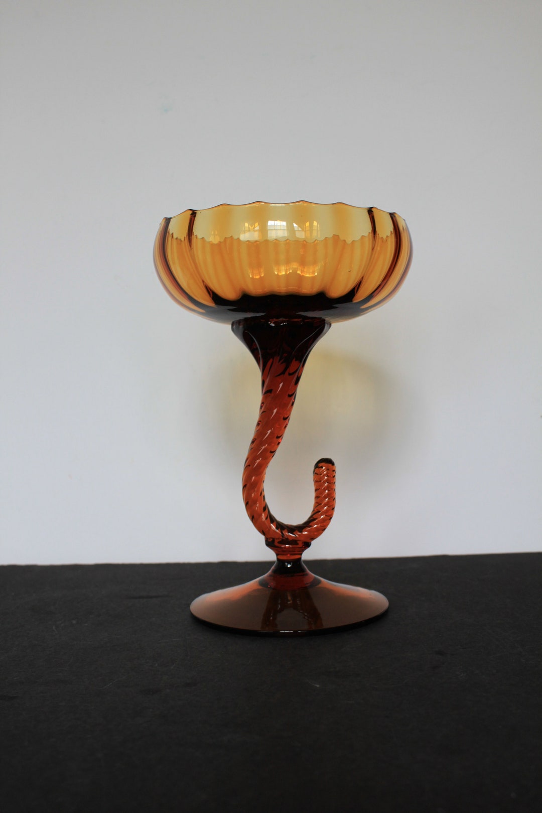 Vintage Dark Amber Candy Dish. Tall, Elegant, Hand Blown Glass W