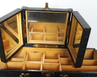 Vintage Black Sectioned Travel Case. Hinged, Latching Lid, Faux Black Alligator Skin, Movable Mirror, DAMAGE, Gift For A Collector.