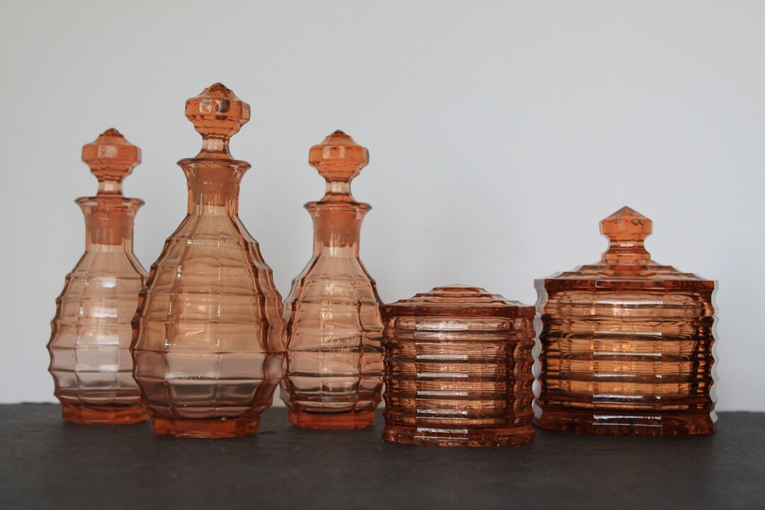 Vintage Pink Depression Glass Vanity Set. Set of 5 Pieces 3 Etsy