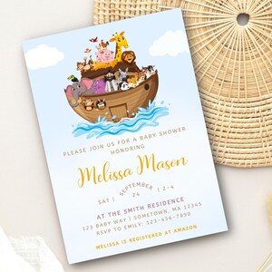 Blue Noah's Ark Baby Shower Invitation, Religious Gender Neutral Invite ...