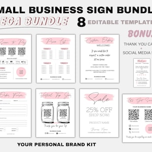 May include: A bundle of eight editable templates for small businesses, including a price list, order form, and social media sign. The templates feature a pink and black color scheme and include QR codes for payment and social media.