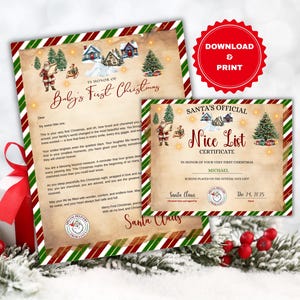 Puede incluir: Un conjunto imprimible con temática navideña que incluye una carta y un certificado de "Lista de buenos". La carta se titula "La primera Navidad del bebé" y el certificado está personalizado. Ambos tienen bordes festivos e ilustraciones de Papá Noel.