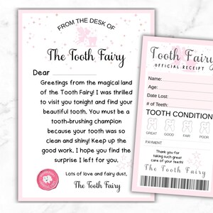 May include: Pink Tooth Fairy stationery set. Includes a letter from the Tooth Fairy and an official receipt. The letter features text and a fairy graphic. The receipt has fill-in-the-blank sections for name, age, and tooth condition.