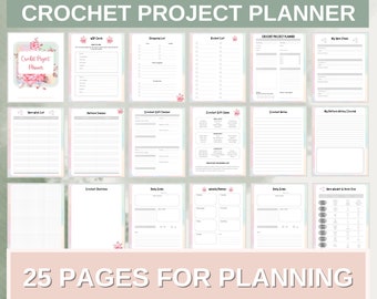Op de afbeelding: Een digitale haakprojectplanner-set met 25 pagina's met bloemaccenten. De pagina's bevatten secties voor garenvoorraad, patroonvolging, cadeau-ideeën, boodschappenlijstjes, weekplanners, dagelijkse doelen en schetsen op een witte achtergrond.