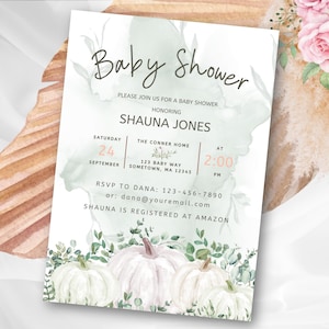 Editable Pumpkin Baby Shower Invitation Template, White pumpkin baby shower Invite, Fall Baby Shower, Greenery and White Pumpkin Theme