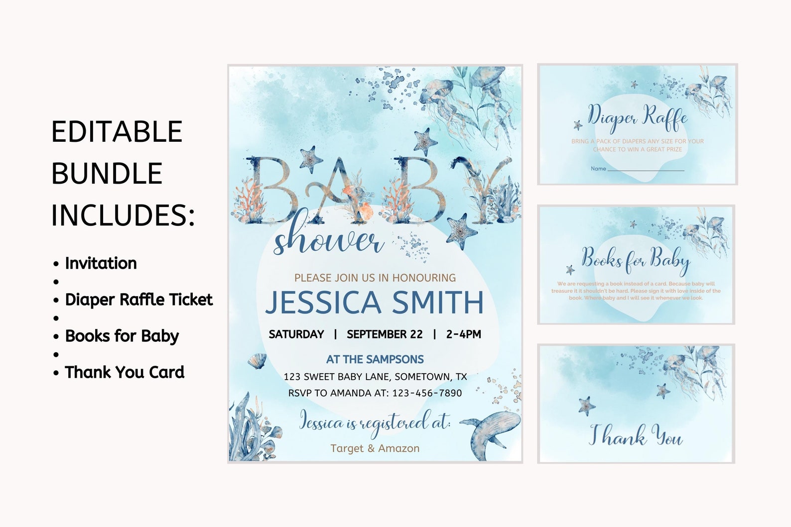 EDITABLE Blue Ocean Themed Baby Shower Bundle, Printable Canva Template ...