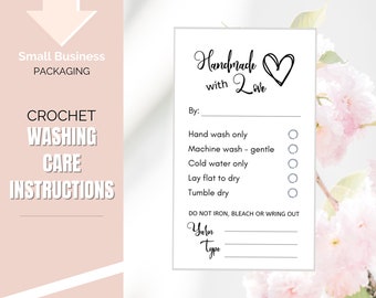 Printable Crochet Care Cards Washing Instructions, Handmade With Love Hang Tags, Fiber Care Tag, Handmade Crochet Care Instructions, Labels