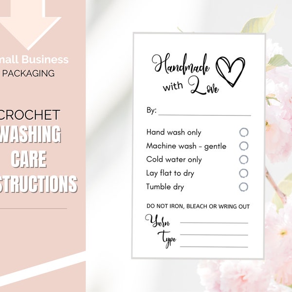 Printable Crochet Care Cards Washing Instructions, Handmade With Love Hang Tags, Fiber Care Tag, Handmade Crochet Care Instructions, Labels