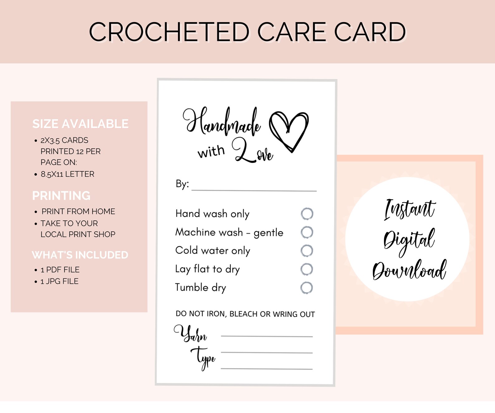 Printable Crochet Care Cards Washing Instructions, Handmade With Love ...