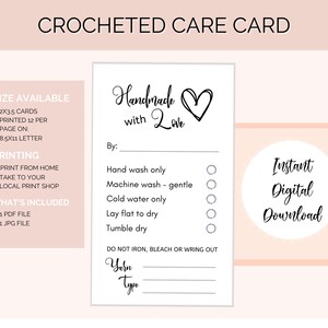 Printable Crochet Care Cards Washing Instructions, Handmade With Love ...
