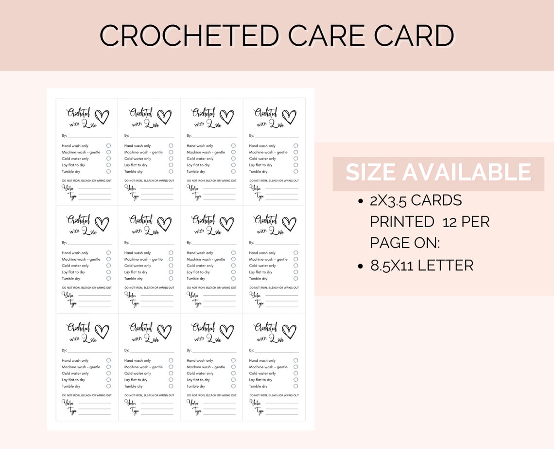 Crochet Care Cards Washing Instructions, Printable Crocheted With Love ...
