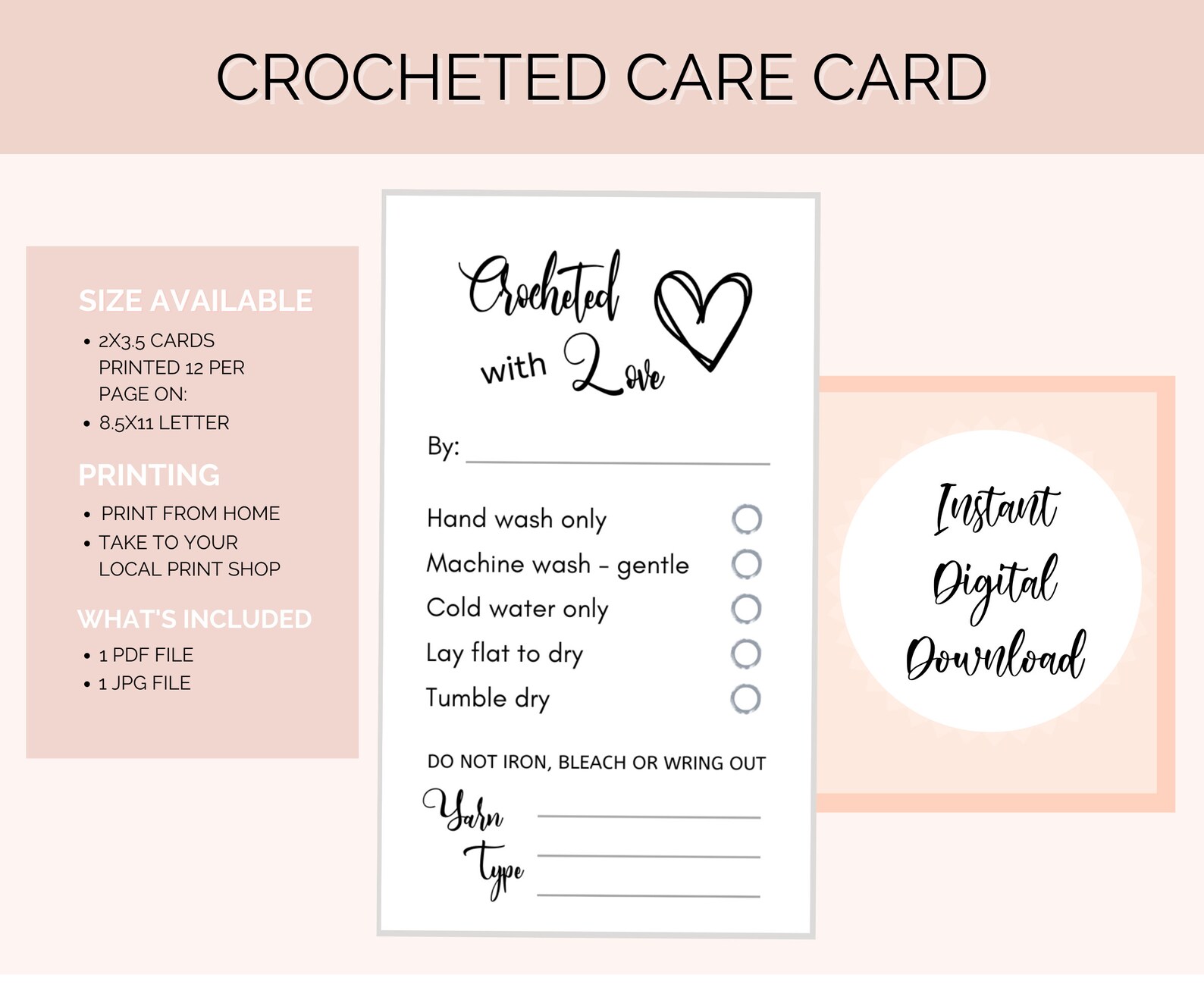 Crochet Care Cards Washing Instructions, Printable Crocheted With Love ...