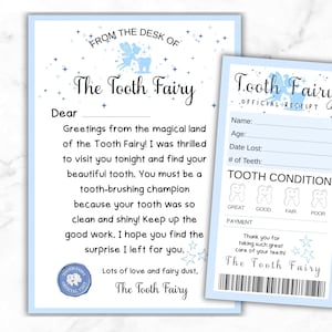 May include: Two light blue Tooth Fairy themed stationery items. One is a letter from the Tooth Fairy with text and a fairy illustration. The other is a Tooth Fairy official receipt with fill-in-the-blank fields.