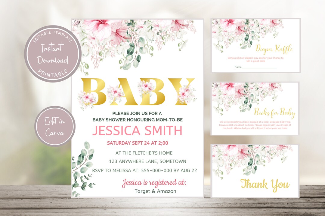 EDITABLE Pink Floral Baby Shower Bundle Flower Themed - Etsy