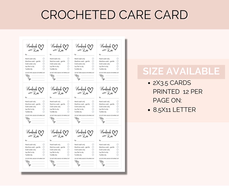 Printable Crochet Care Cards Washing Instructions, Handmade With Love ...