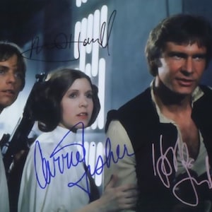 Star Wars Harrison Ford Mark Hamill Carrie Fisher Solo Lei Luke Autograph Reprint Photo LOOK Signed Autograph
