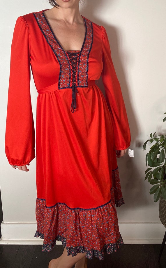 1970s Algo-ettes Red Prairie Dress