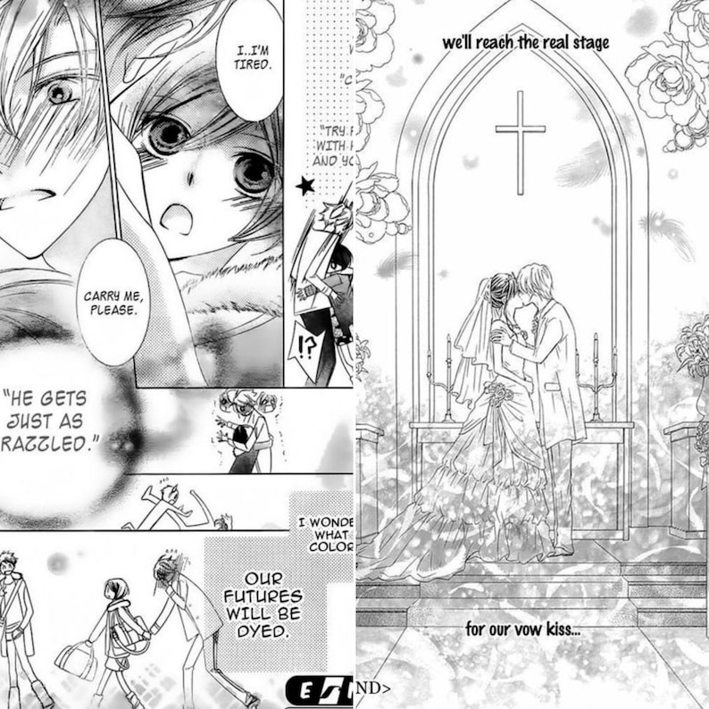 Op de afbeelding: Een zwart-wit manga-comicpaneel dat een huwelijksceremonie toont. De bruid en bruidegom kussen elkaar voor een wit altaar met een kruis. De tekst in het paneel luidt "we'll reach the real stage" en "for our vow kiss..."