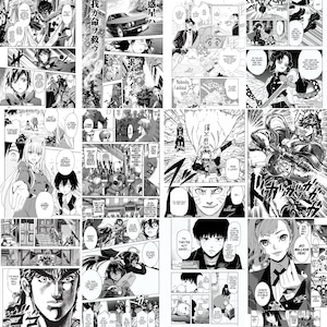 May include: A collage of black and white manga panels featuring characters from different series. The panels show a variety of scenes, including action, dialogue, and character close-ups. The text in the panels is in Japanese.