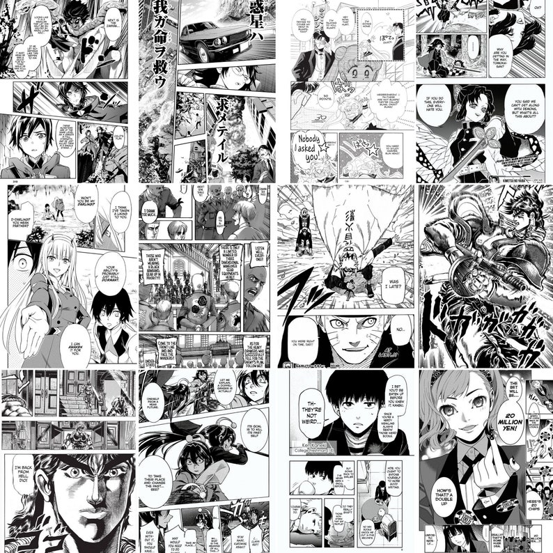 May include: A collage of black and white manga panels featuring characters from different series. The panels show a variety of scenes, including action, dialogue, and character close-ups. The text in the panels is in Japanese.