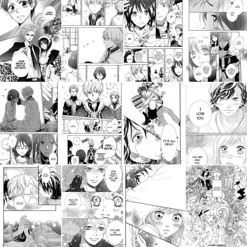 Op de afbeelding: Een collage van zwart-witte manga-panelen met personages in verschillende poses en uitdrukkingen. De panelen bevatten tekst in het Japans, zoals "Ik hou van je" en "Jij bent mijn kompas".