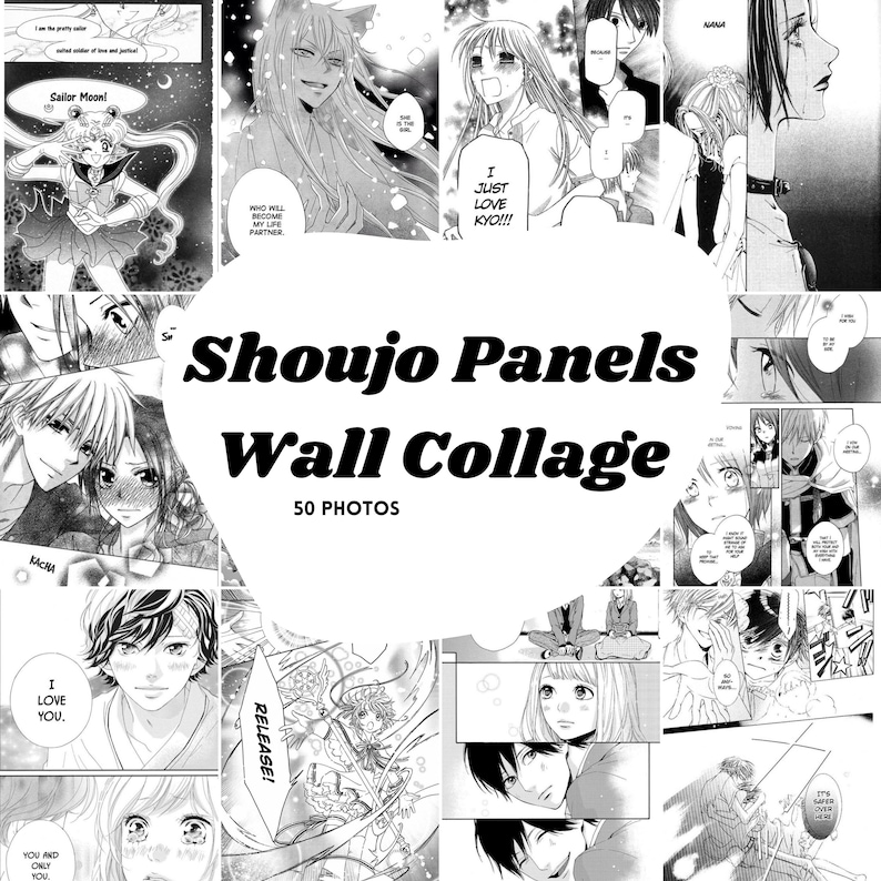 Op de afbeelding: Een collage van 50 zwart-wit manga-panelen met romantische sc&egrave;nes en tekst in het Japans. De titel "Shoujo Panels Wall Collage" staat in het midden van de afbeelding.