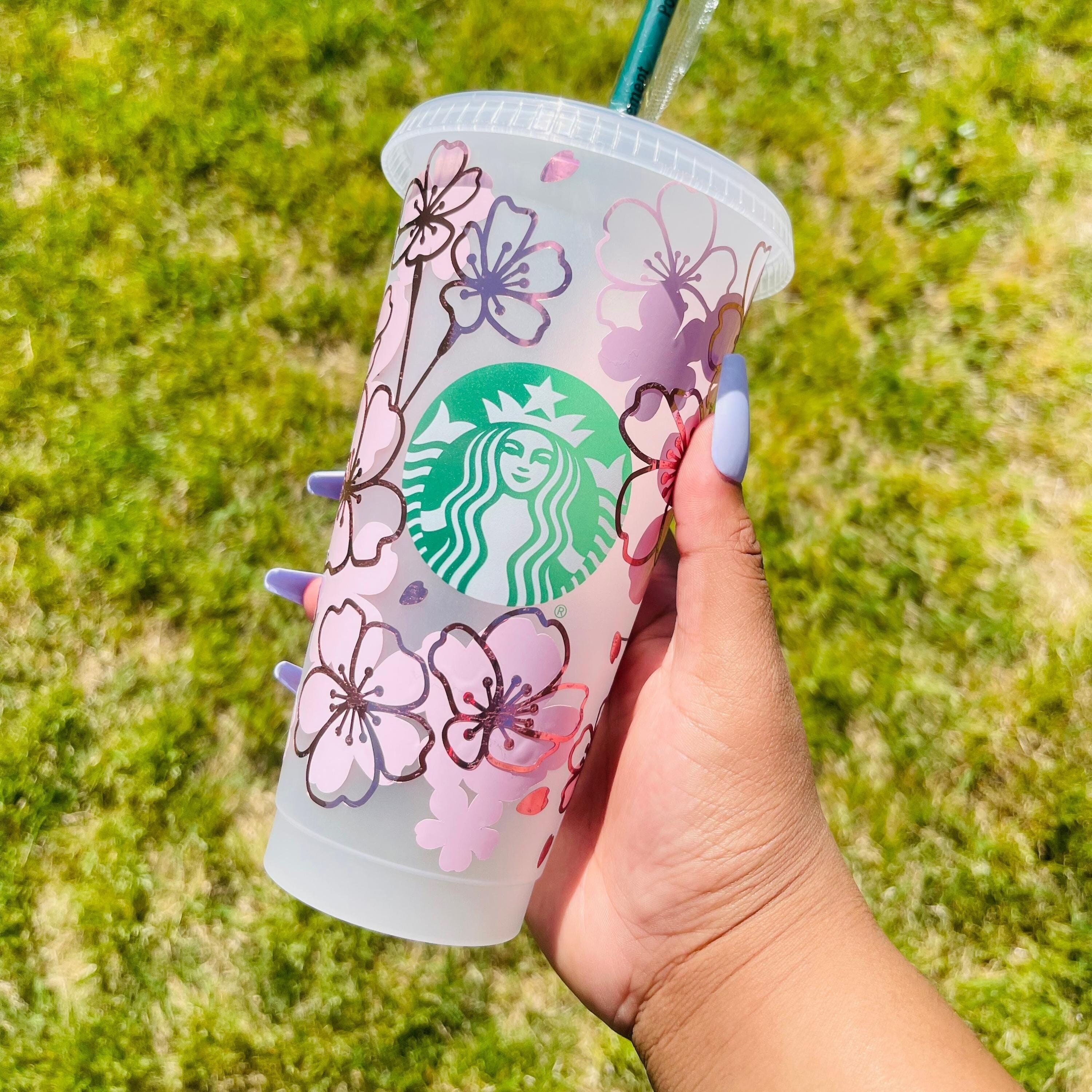 Starbucks Small Green 13oz Glass Cup Coffee Cup Tumbler Pink Sakura + Cute  Straw