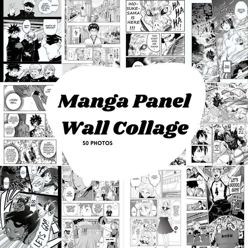 May include: A collage of 50 black and white manga panels featuring characters from different series. The panels are arranged in a grid pattern and include text in Japanese. The title "Manga Panel Wall Collage" is written in bold black letters at the centre of the image.