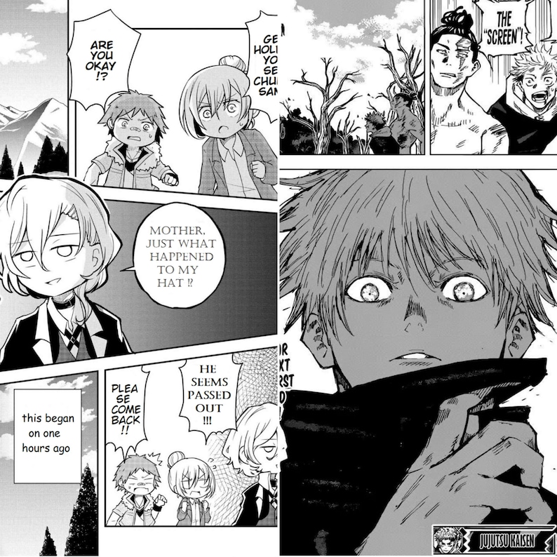 May include: A black and white manga comic book panel featuring a young boy with red hair and a worried expression. The text in the panel reads "The 'Screen'!", "Are you okay!?", "Mother, just what happened to my hat!?", "He seems passed out!!", "Please come back!!", and "This began on one hours ago".