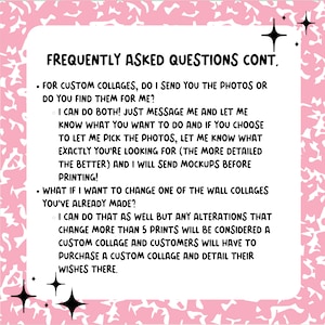 Op de afbeelding: Een roze en witte achtergrond met zwarte tekst die veelgestelde vragen over aangepaste wandcollages behandelt. De tekst legt uit dat klanten hun eigen foto's kunnen sturen of dat de verkoper foto's voor hen kan vinden. De tekst legt ook uit dat wijzigingen aan een collage met meer dan 5 prints als een aangepaste collage worden beschouwd.