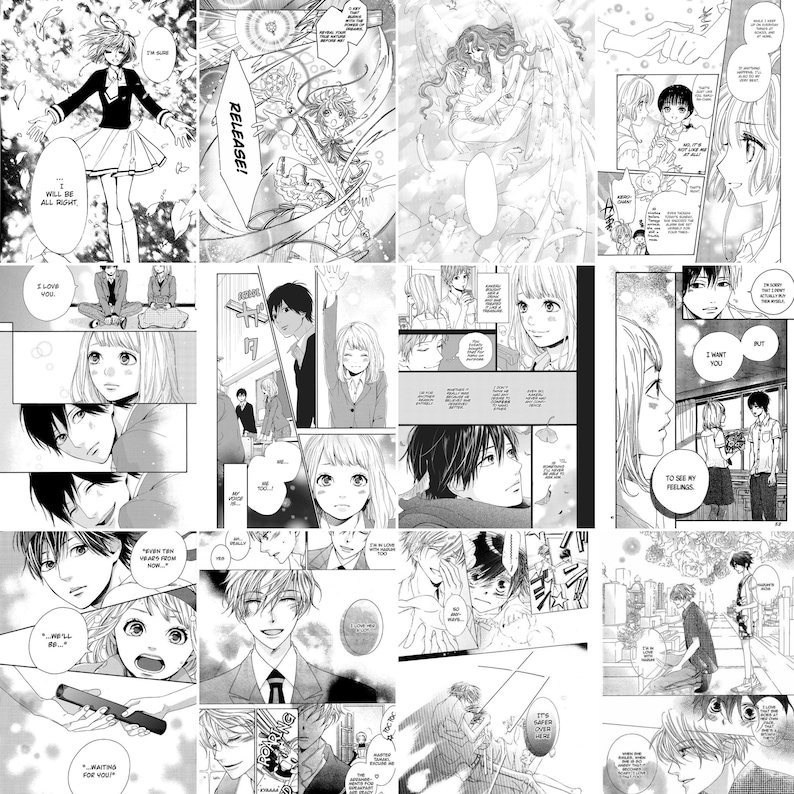 Op de afbeelding: Een zwart-wit manga-comicpaneel met een jonge vrouw met lang haar en een jonge man met kort haar. De vrouw kijkt de man met een droevige uitdrukking aan, en de man kijkt weg. De tekst in het paneel zegt "Ik hou van je".