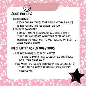 Op de afbeelding: Roze en witte afbeelding met zwarte tekst die de winkelbeleidsregels en veelgestelde vragen schetst. De tekst bevat informatie over annuleringen, retourzendingen, omruilingen en het type fotopapier dat wordt gebruikt in collage-kits. De afbeelding bevat ook een zwarte ster met een rode kers erop.