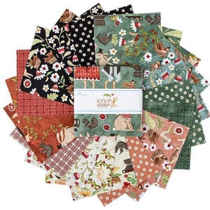 May include: A collection of fabric squares with various patterns, including floral, animal, and geometric designs. The color palette includes red, green, black, and white. The center of the collection features a label with the text "HOP HOP HOORAY!"