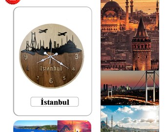 İstanbul Skyline Clock - İstanbul Turkije Houten tijdzoneklok bewegende verkoop. Houten stille wandklok - Nieuw product