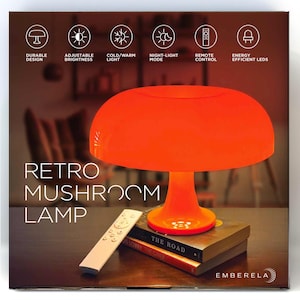 Orange Mushroom Lamp, Dimmable Retro Table Lamp — 3 Light Temperature, Remote-Controlled — Mid-Century Donut Shaped LED 70s Lamp